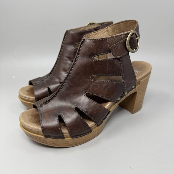 Dansko Sandals Womens 38 7.5-8 Brown Demetra Peep Toe Platform Heels Leather - Picture 3 of 9